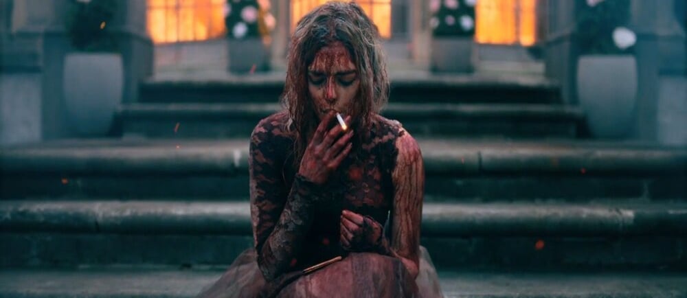 Grace from Ready or Not escaping her in-laws in a blood-soaked wedding dress
