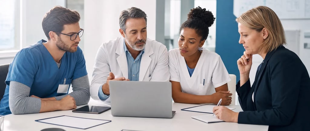 Équipe pluridisciplinaire hospitalière préparant le référentiel HAS 2027 autour d’un ordinateur