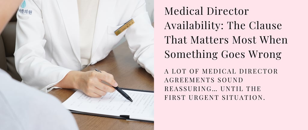 A doctor in a white coat reviewing medical director agreements and contract availability clauses.