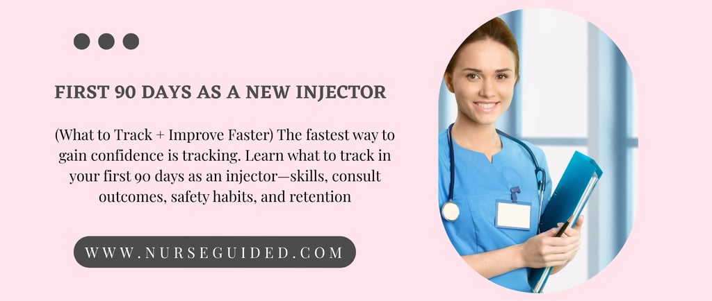 Smiling aesthetic nurse injector guide for the first 90 days of clinical practice and tracking outcomes.