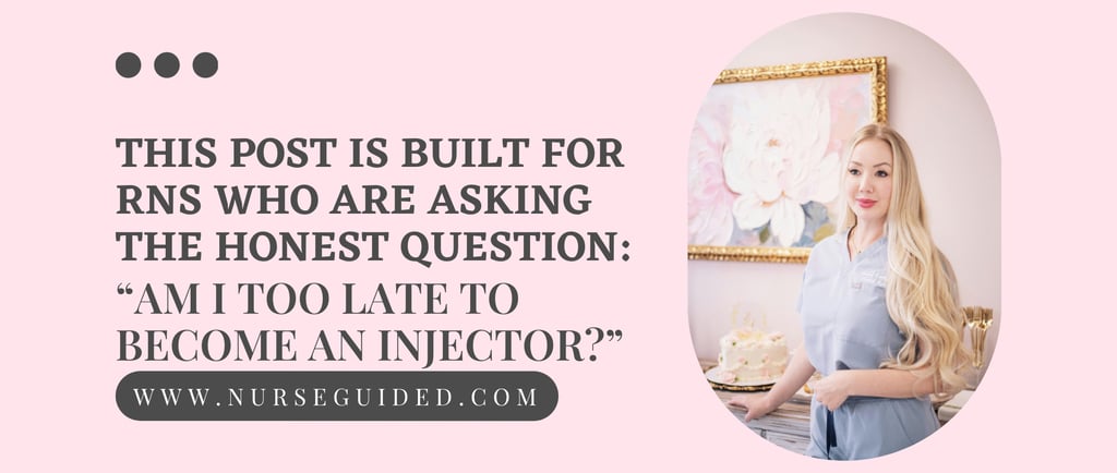 Blonde nurse injector standing next to a floral painting with career advice for RNs wanting to start aesthetic training.