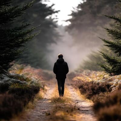 Greg Rowland walks a wooded trail in early morning fog.