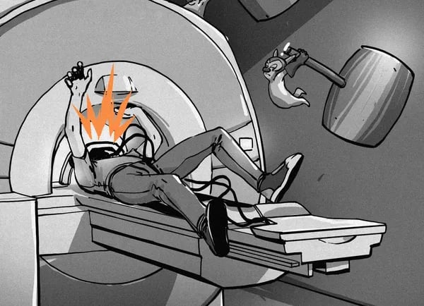 funny cartoon of a man going in an MRI machine