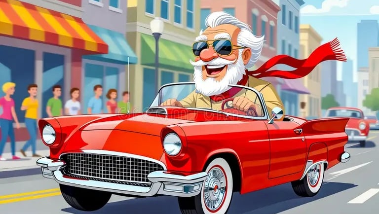 cartoon image of red car with older man driving