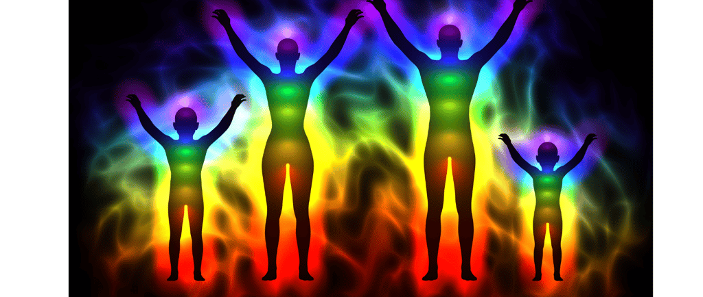 Chakra energy flowing - backs of a family with raised arms..