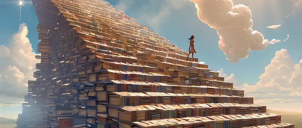 Staircase to heaven with a woman midway up.