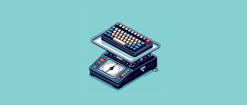 2D Pixel art of a mechanical keyboard being weighed on a scale.