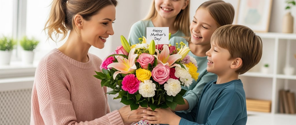 children giving their mum mothers day flowers