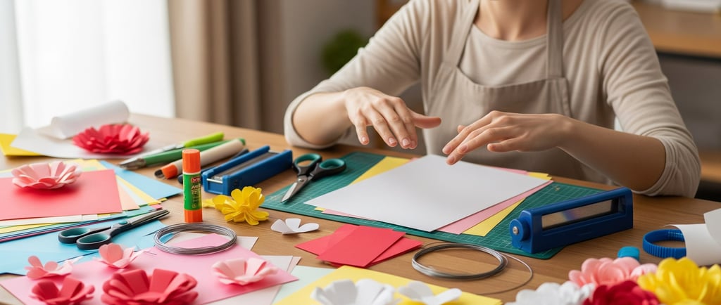woman at table making paper flowers