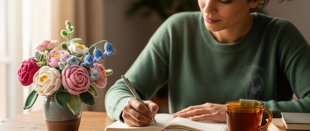 woman writng in book next to crochet bouquet