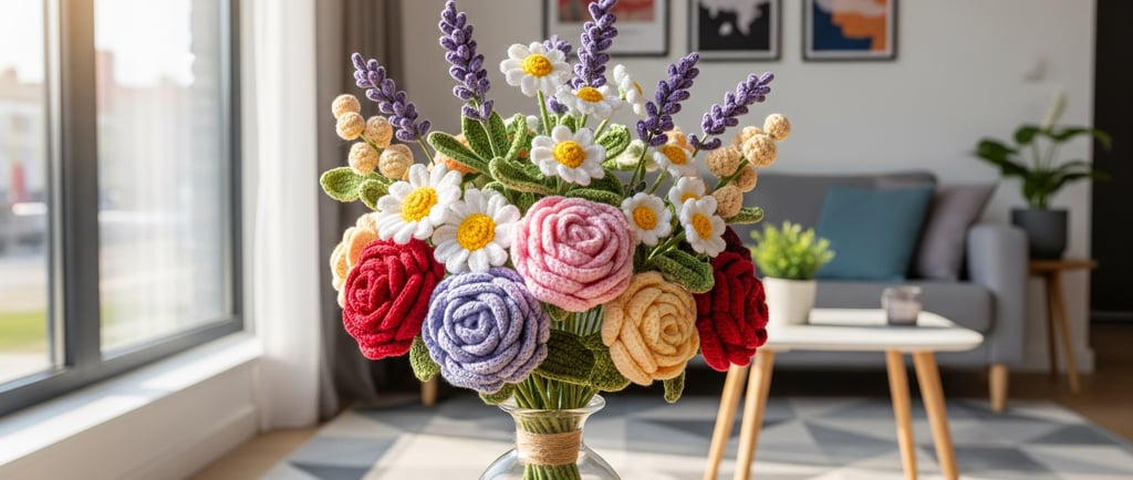 crochet flower bouquet on display in living room
