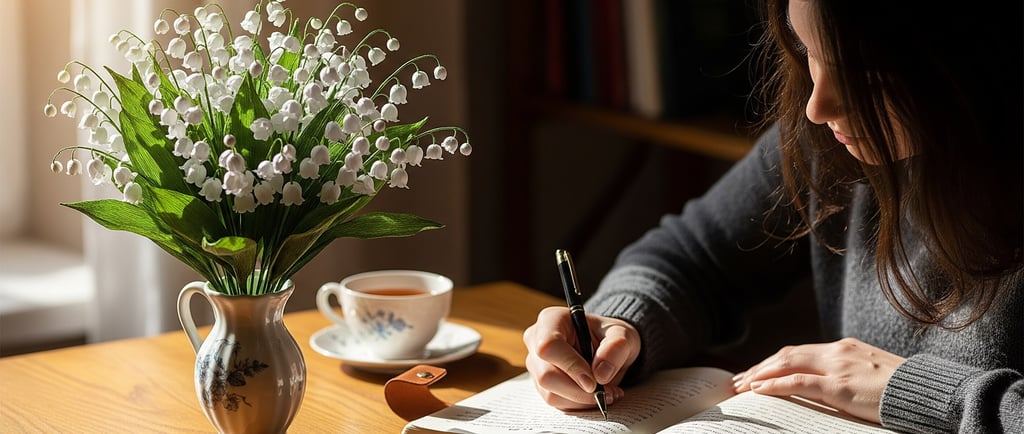woman writing at desk near paper lily of the valley flowers