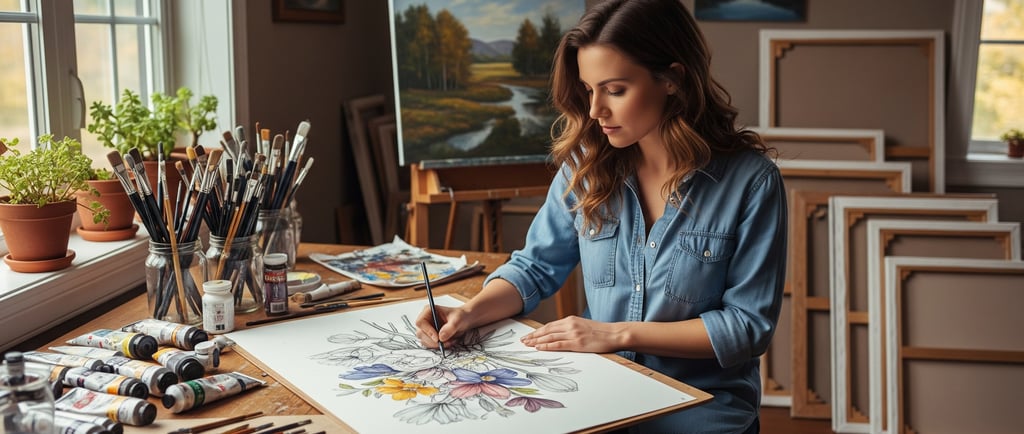 woman in art studio drawing flowers