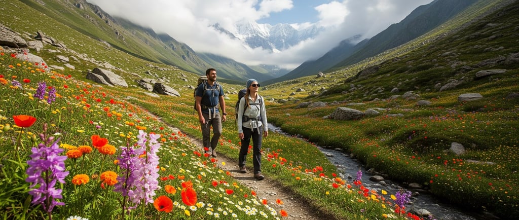 woman and man hiking in a valley with flowers in foreground