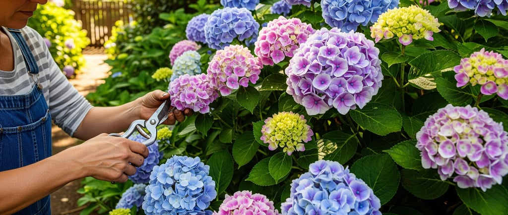 woman trimming large hydrangea in garden