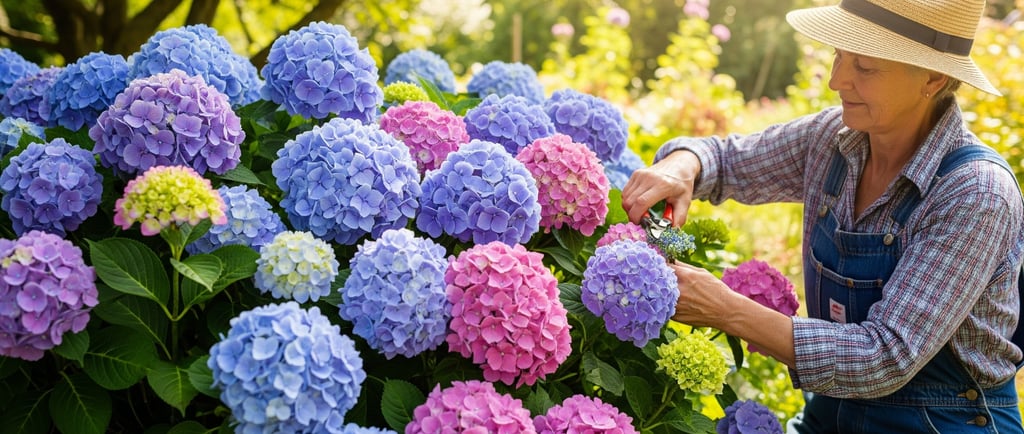woman gardener clipping big hydrangea