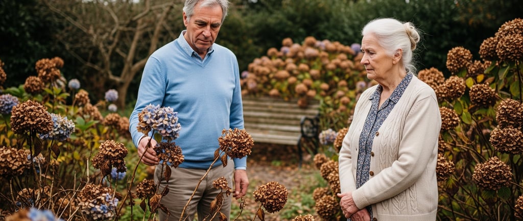 older couple in garden looking at wilted hydrangea