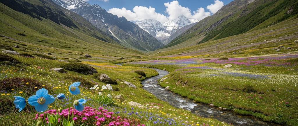 landscape shot of the valley of flowers