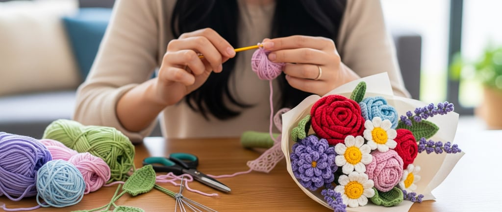 woman crocheting flower bouquet