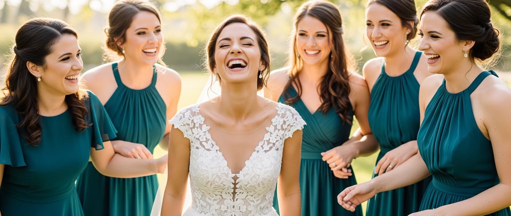 bride and bridesmaid laughing at wedding