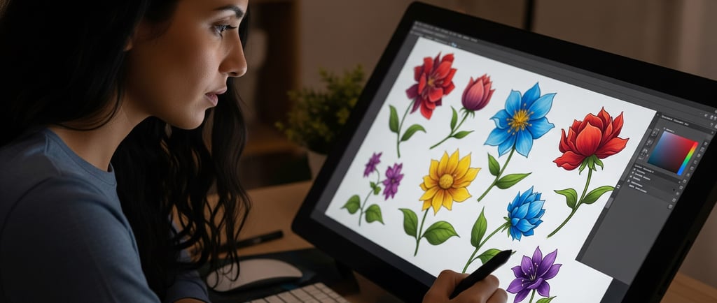 woman sat at computer creating digital flower art