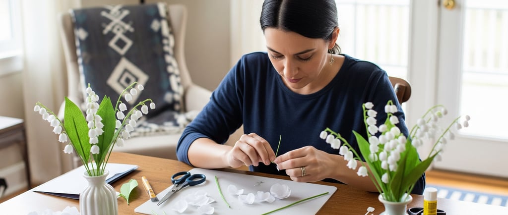 quilled paper lily of the valley flowers being made by woman