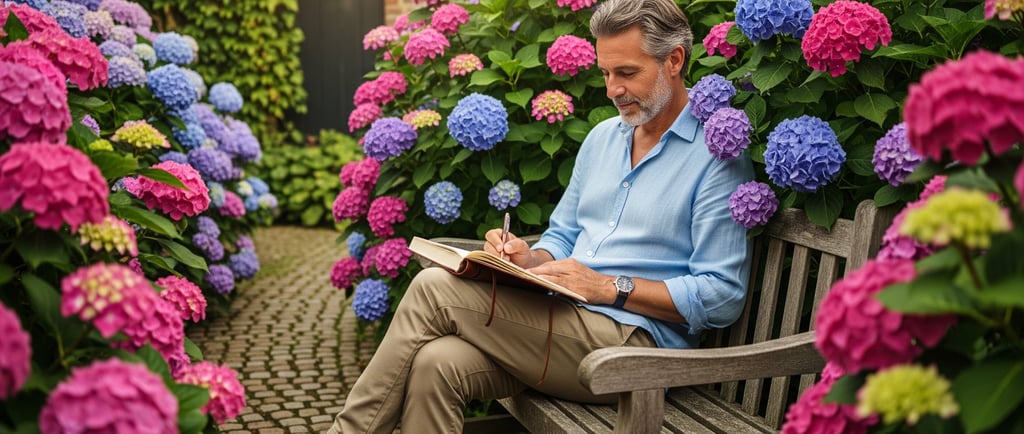 man writing in notebook surrounded by colorful hydrangea