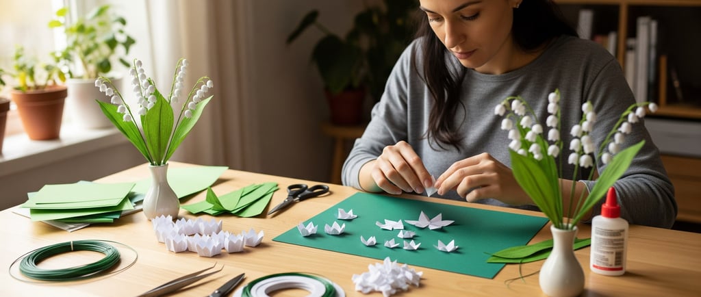 woman at table preparing lily of the valley paper flowers
