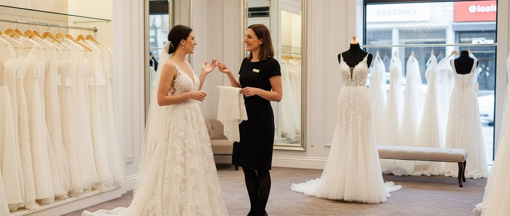 woman wearing wedding gown in bridal store talking to sales assistant