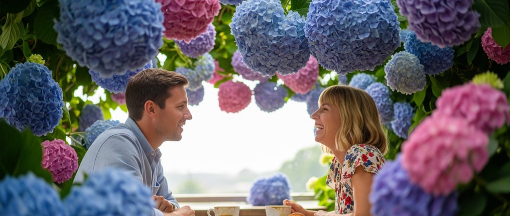 man and woman talking surrounded by big hydrangeas
