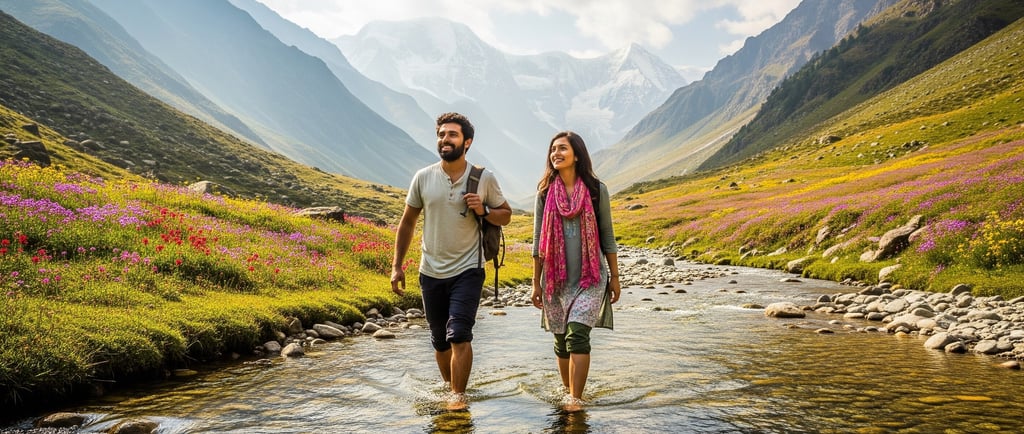 couple walking through a steam in the valley of flowers