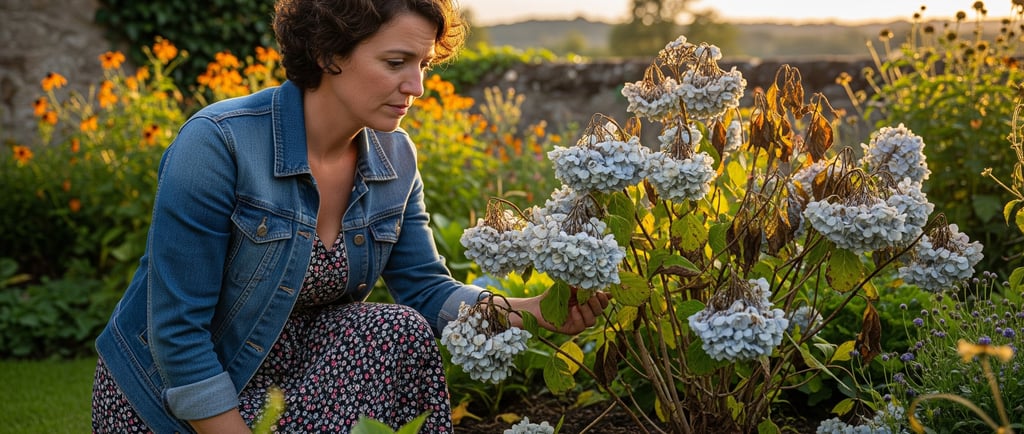 woman examining wilted hydrangea