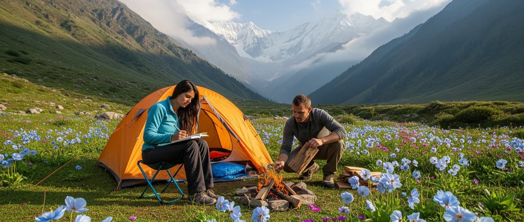 man and woman camping in valley, woman is writing in book