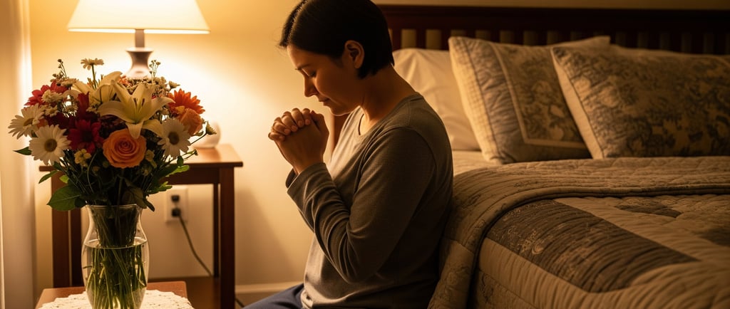 woman praying in bedroom nearby are flowers in vase