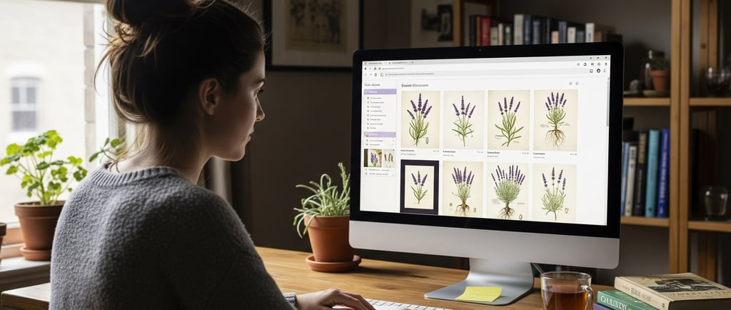 woman at computer looking at digital flower images