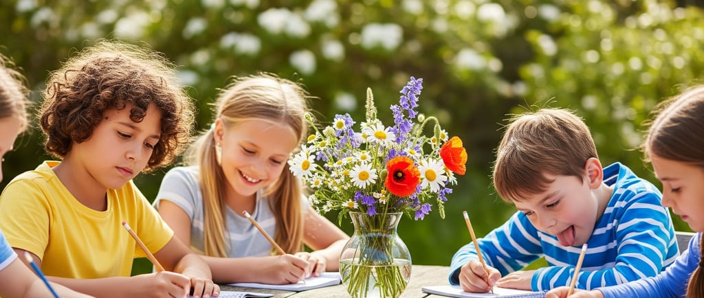 children sat down writing at outside table