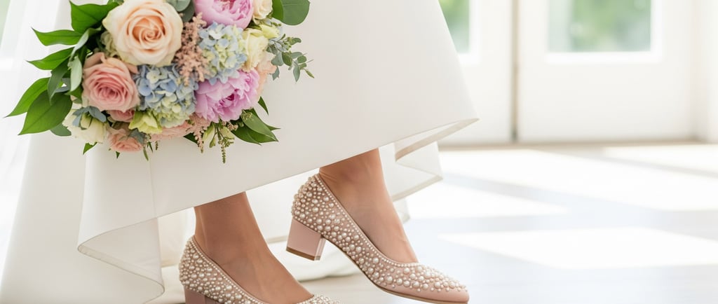 low heeled pink wedding shoes on woman holding bouquet