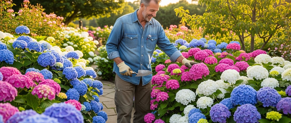 man smiling as he cares for large colorful flowers