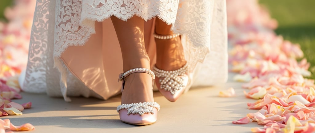 blush pink low heel peal wedding shoes on feet of bride