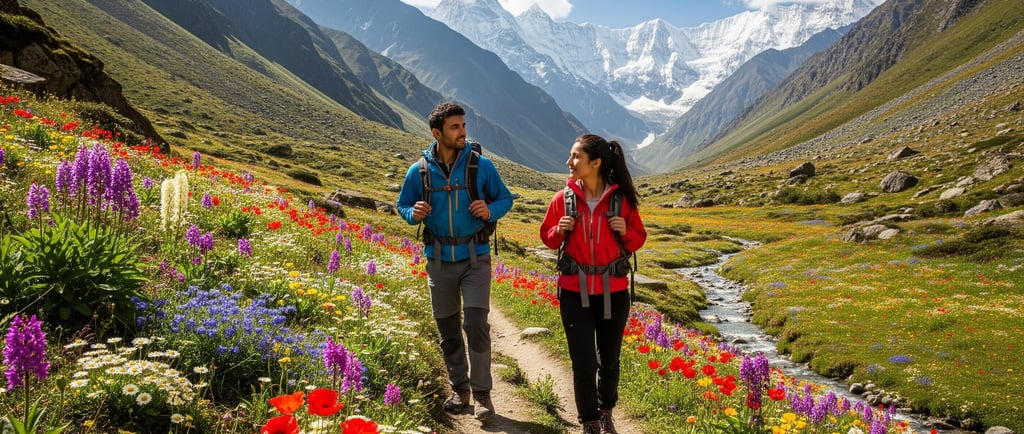 man and woman hiking in the valley of the flowers