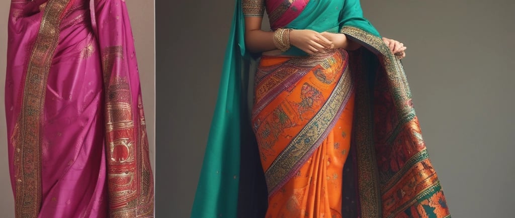 Woman wearing a colorful traditional Indian silk saree with gold embroidery and bridal jewelry.
