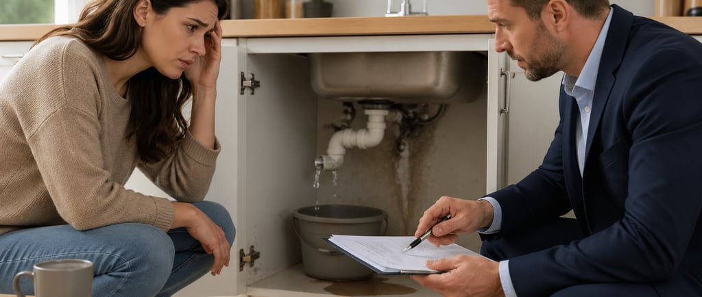 Persona preocupada ante una fuga de agua bajo el fregadero mientras recibe asesoramiento sobre él.
