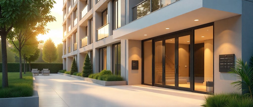 Fachada moderna de un edificio residencial con entrada acristalada, zonas ajardinadas y luz cálida.