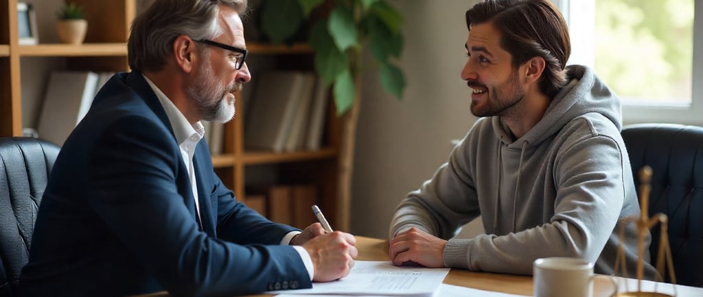 Un asesor y un cliente conversan sonrientes en una oficina, transmitiendo confianza.