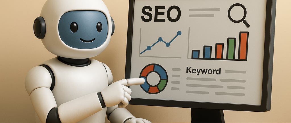 Robô de inteligência artificial mostrando os resultados de SEO em uma tela de computador