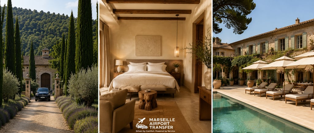 Luxury Marseille airport transfer service arriving at a rustic villa with a pool and elegant bedroom.