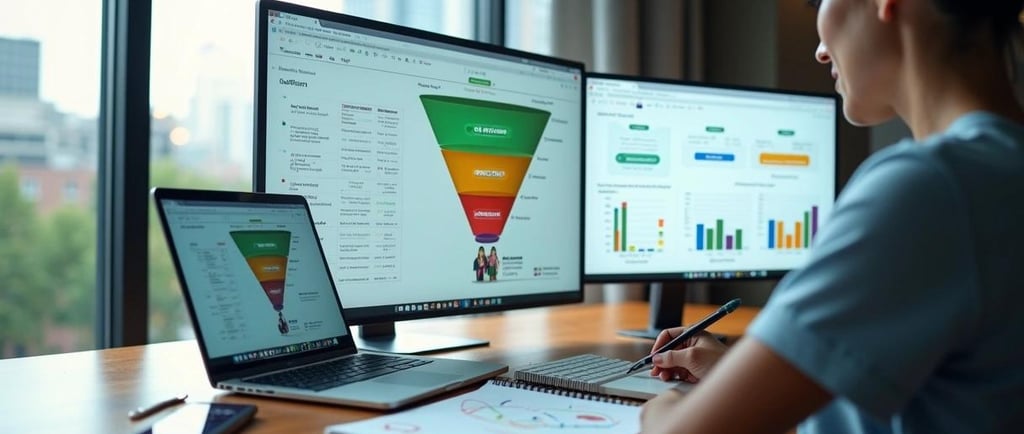 A digital marketing professional analyzing a sales funnel and data analytics on multiple monitors.