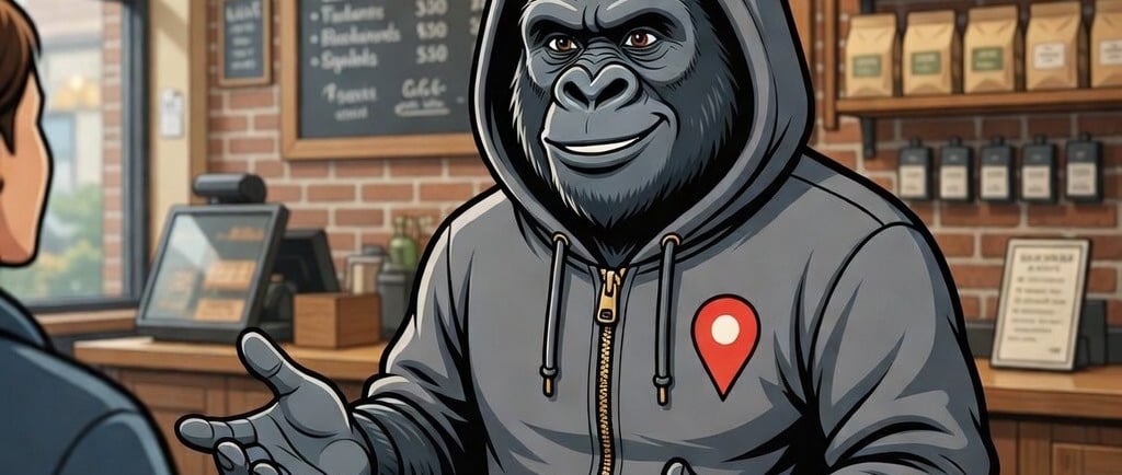 A gorilla wearing a grey hoodie standing behind a coffee shop counter with a GPS pin icon.