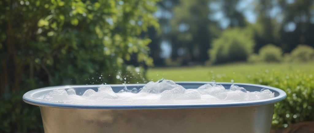 A sunlit patio with terracotta tiles is adorned with cleaning equipment, including a wet and dry vacuum, containers of cleaning solutions, and a pressure washer. A portion of a white car is visible near a hedge-lined driveway, while lush green vegetation and a manicured lawn provide a backdrop.