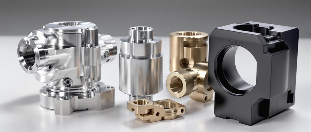 Various CNC machined parts made from aluminum, steel, brass, and plastic materials